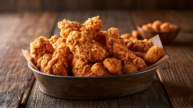 Crispy golden fried chicken tenders in a rustic metal bowl