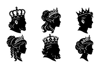 Royal Silhouettes Collection: King and Queen Crowned Head Profiles, Regal Icons for Royalty and Nobility Themes, Elegant Black Vector Set © Ashik
