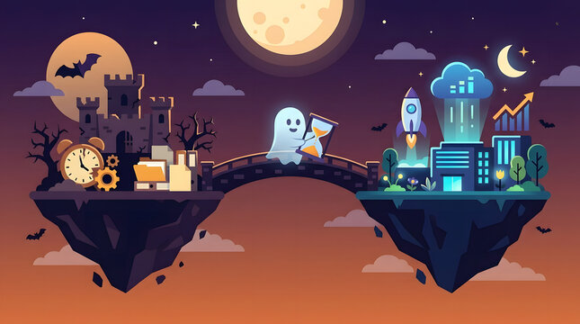 Ghost moving from a spooky castle to a modern tech city across a bridge symbolizing transformation
