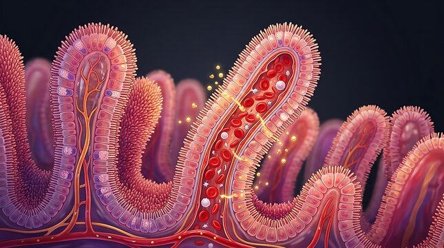 Microscopic view of intestinal villi showing nutrient absorption and blood circulation in the human body.