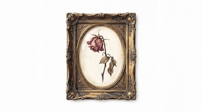 Antique ornate frame displays a withered rose with dry leaves and thorns on a white background