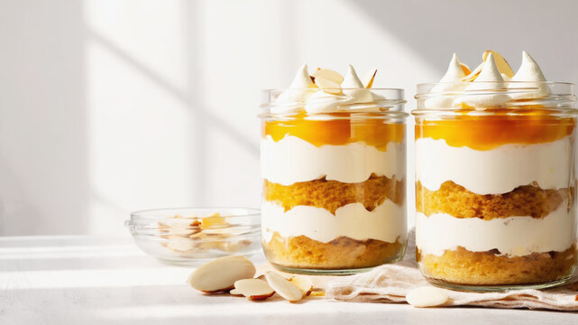 Layered trifle dessert in glass jar with cream, sponge cake and caramel topped with meringue and almond. Sweet parfait snack on white background. Cafe menu and treat concept