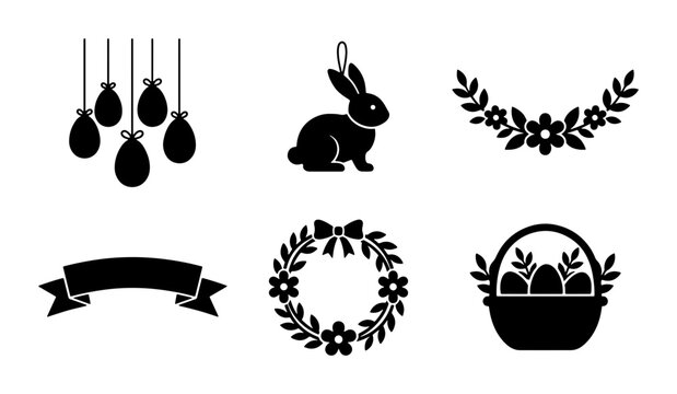 Easter Icons Vector Set: Black Silhouette Graphics for Spring Celebrations, Bunny, Eggs, Wreath, Basket, Banner, Festive Holiday Design Elements