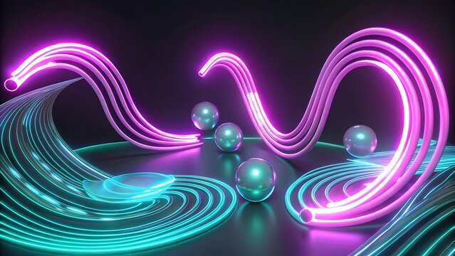 Abstract futuristic 3D render featuring glowing neon lines and reflective spheres in a dark space
