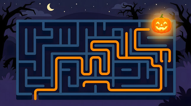 Halloween maze puzzle game with glowing pumpkin in spooky night forest background