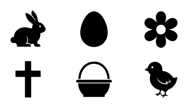 Easter Icons Set: Black Silhouette Graphics of Bunny, Egg, Flower, Cross, Basket, and Chick for Spring Celebration Designs