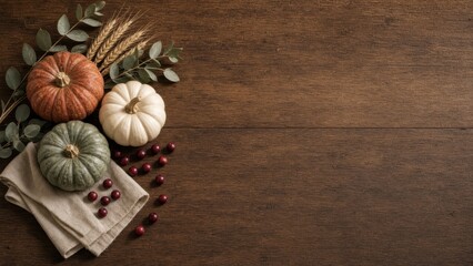 Fototapeta premium Rustic autumn harvest background with pumpkins, wheat, eucalyptus and cranberries arranged on a dark wooden table with copy space