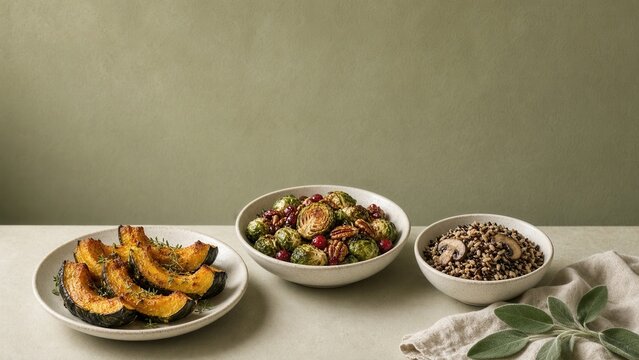 Plant based Thanksgiving dishes with roasted squash, Brussels sprouts, cranberries, pecans and wild rice against a muted green background