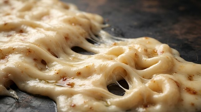Melted mozzarella cheese pulls apart on rustic dark surface.