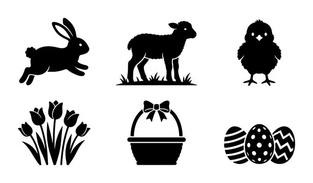 Easter Icons Vector Set: Black Silhouette Rabbit, Lamb, Chick, Tulips, Basket, and Eggs for Spring Celebration Graphics
