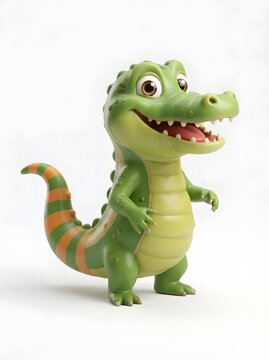 Charming cartoon alligator toy standing on white background with a playful expression