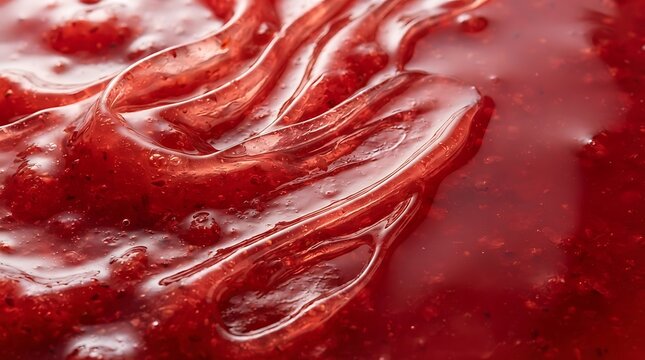 Strawberry jam spread with textured surface and bubbles close-up.