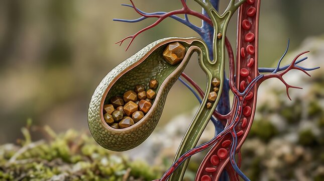 Medical illustration showing a human gallbladder filled with multiple gallstones and obstructed bile ducts.