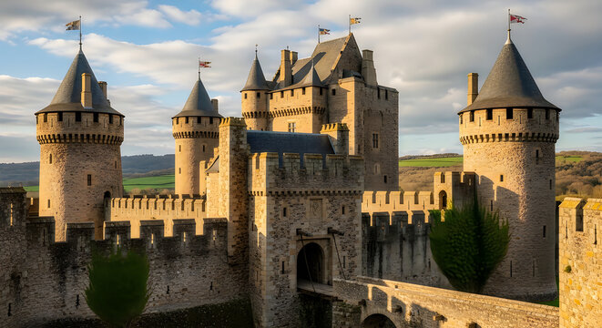 Large stone medieval castle with high towers and a bridge in the beautiful green countryside landscape