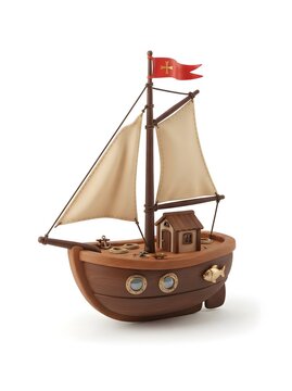 Charming wooden toy sailboat with red flag and cabin on a white background