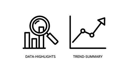 Fototapeta premium Data highlights and trend summary line icons set representing analytics and business growth with highlights magnifier analysis business statistics