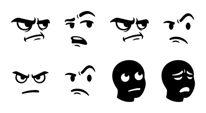 Angry Face Expressions Vector Set, Cartoon Emotions Collection, Grumpy Mood Icons, Expressive Character Elements, Black and White Stylized Faces