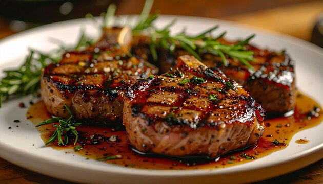 Grilled veal chops with fresh rosemary sprigs, golden seared crust, juicy tender meat, restaurant food. Delicious meal. Close-up.