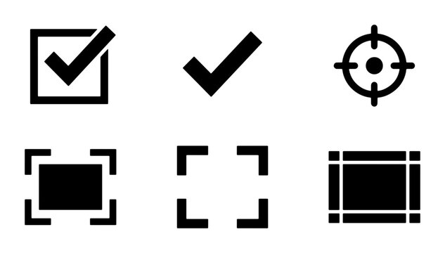 Set of 6 Black Vector Icons: Checkmark, Target, Selection Boxes, and Frame Elements for UI Design, Web Development, and Business Applications
