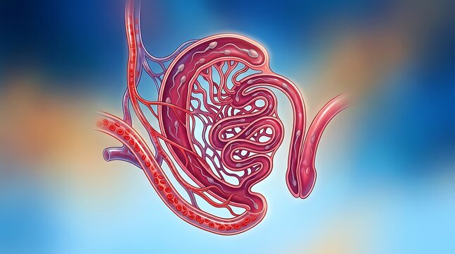 Medical illustration of a human kidney nephron showing glomerular filtration and blood vessels.