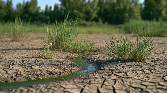 Dry Cracked Earth with Sparse Green Grass and a Trickle of Water.