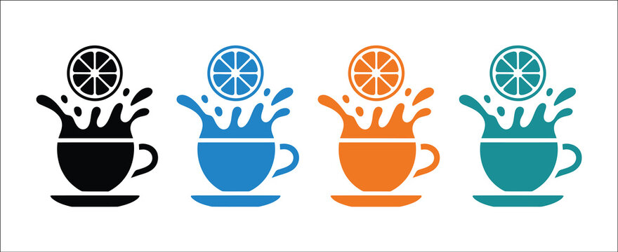 Citrus tea juice splash icon set, orange lemon slices, steaming cup, beverage drops and fresh drink symbols, colorful vector design isolated on white