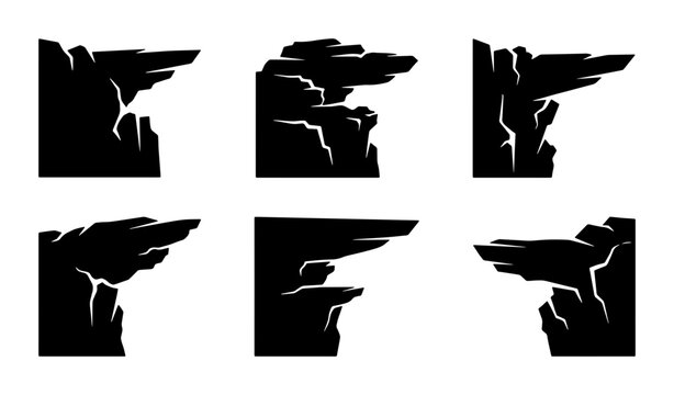 Vector Cliff Edge Icons, Rocky Outcrop Silhouettes, Mountain Ledge Graphics, Craggy Precipice Set, Dramatic Landscape Elements