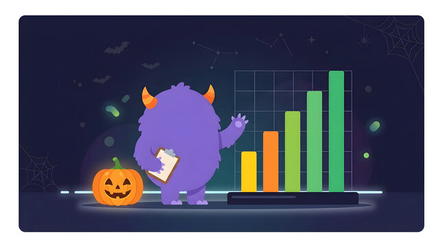 Purple monster analyzing a rising bar chart with pumpkin and bats for Halloween business growth