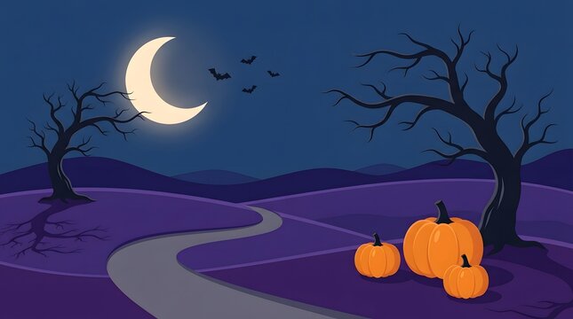A beautiful minimal halloween landscape background featuring a crescent moon dark trees a winding path and bright orange pumpkins tonight