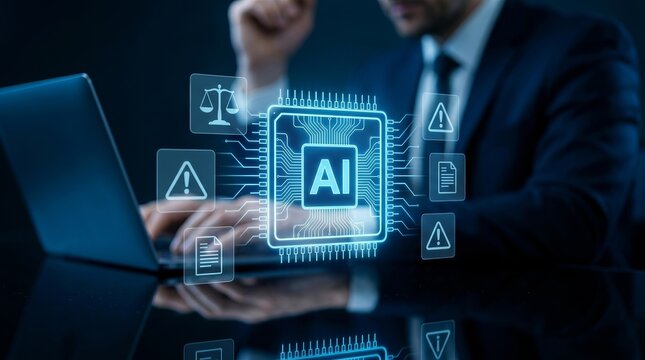 Ethical AI governance concept featuring a microchip, legal scales, and data integrity symbols.
