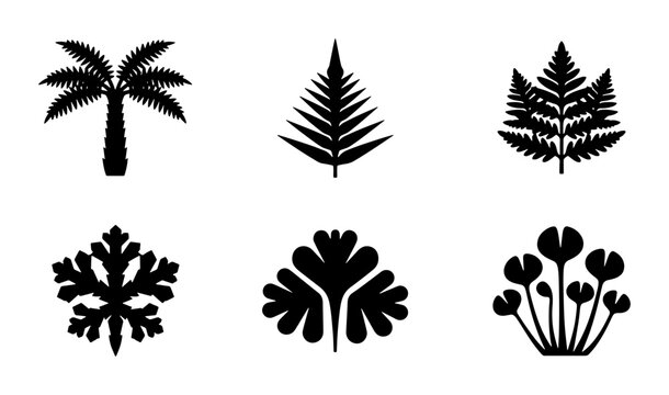 Black Silhouette Botanical Icons: Palm Tree, Ferns, and Leafy Plants. Vector Graphics for Nature and Tropical Designs.
