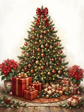 Festive christmas tree with red ornaments and gifts on a wooden floor illustration