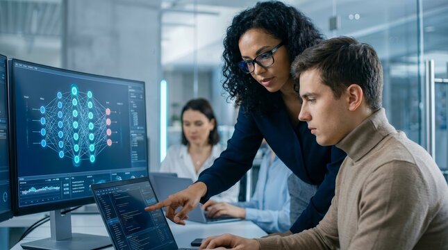 A female instructor supervises a diverse team of professionals during a corporate workshop on AI development.