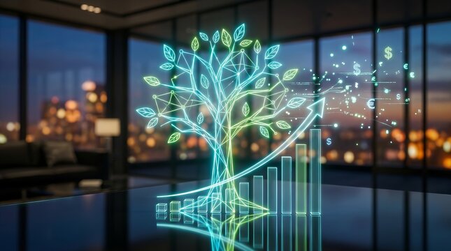 Sustainable financial growth concept featuring a luminous geometric tree with a glowing digital bar chart and upward arrow.