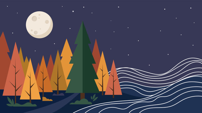 Autumn forest landscape at night with full moon and stars, vector illustration