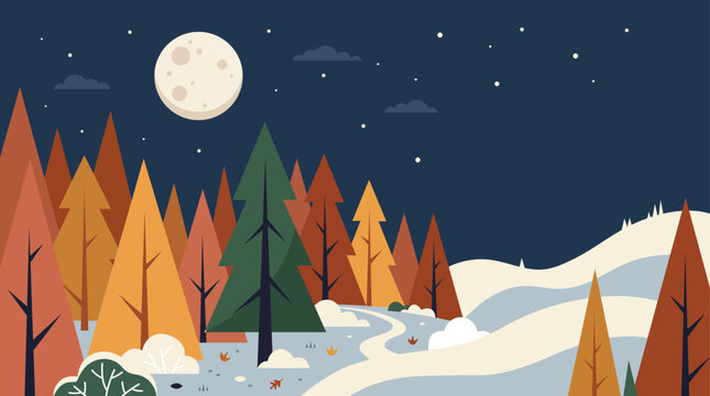 Winter landscape vector illustration featuring a full moon, snowy hills, a winding path, and colorful trees under a starry night sky
