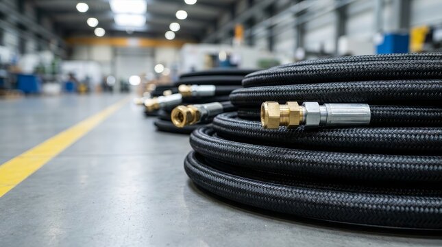 Coiled flexible black hydraulic tubes with metallic fittings ready for machinery use.
