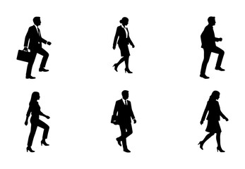 Obraz premium Business People Silhouettes, Professional Figures Climbing Stairs, Corporate Career Ascent Vector Icons, Diverse Professionals in Motion