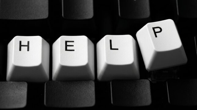 White computer keys spelling the word HELP against a dark black keyboard.