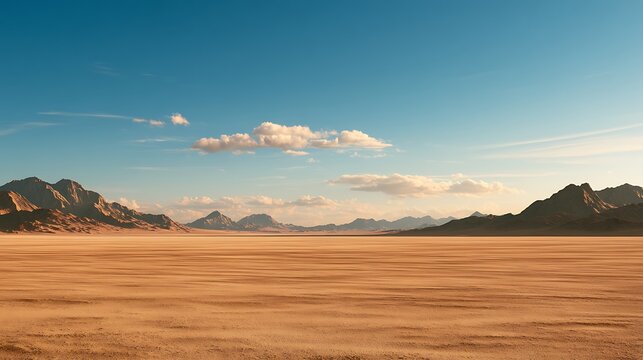 Wide desert plain with distant mountains and blue sky