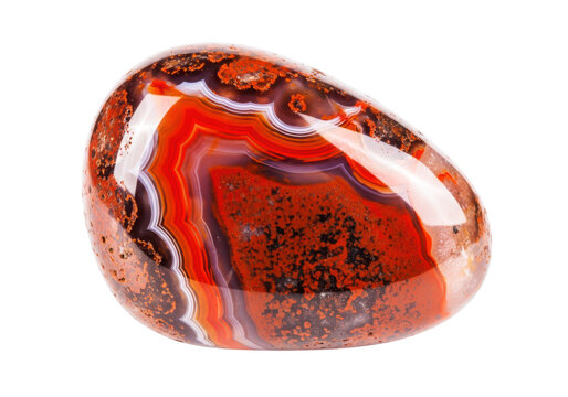Decorative polished red and white banded agate gemstone for jewelry making or collecting unique natural geological specimen.