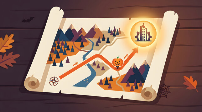 Halloween business growth strategy map with path to glowing city on wood background