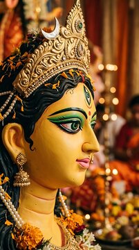Profile portrait of goddess durga idol adorned with ornate golden crown