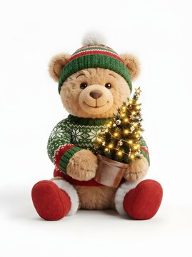 Festive teddy bear holding a miniature christmas tree against a white background