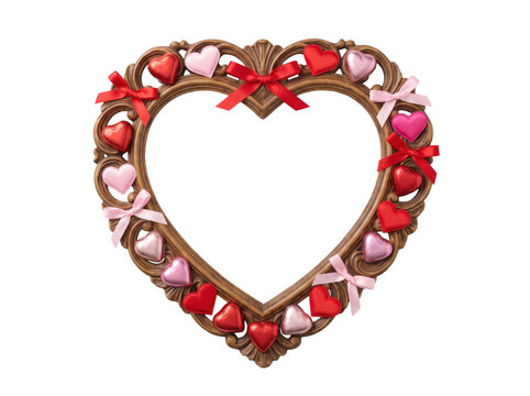 Romantic Valentine's Day border with hearts and gourmet chocolates isolated on transparent background.