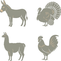 Naklejka premium Farm Animal Silhouette Set With Donkey And Rooster