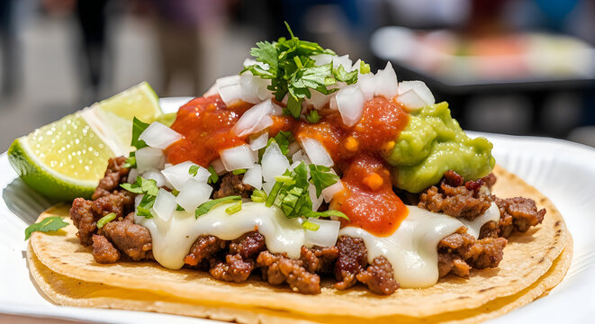 Delicious street taco with grilled beef steak topping and fresh vegetable salsa on a corn tortilla
