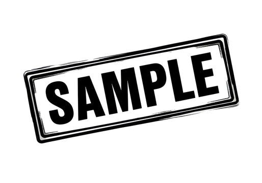 Black rectangular stamp with word sample and distressed frame for product demonstration purposes.