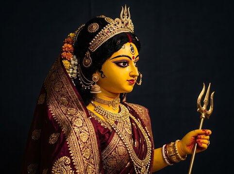 Elegant statue of indian goddess durga holding a trident against dark background