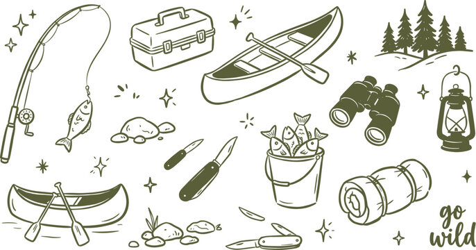 Hand Drawn Fishing Camping Doodle Set With Canoe And Rod